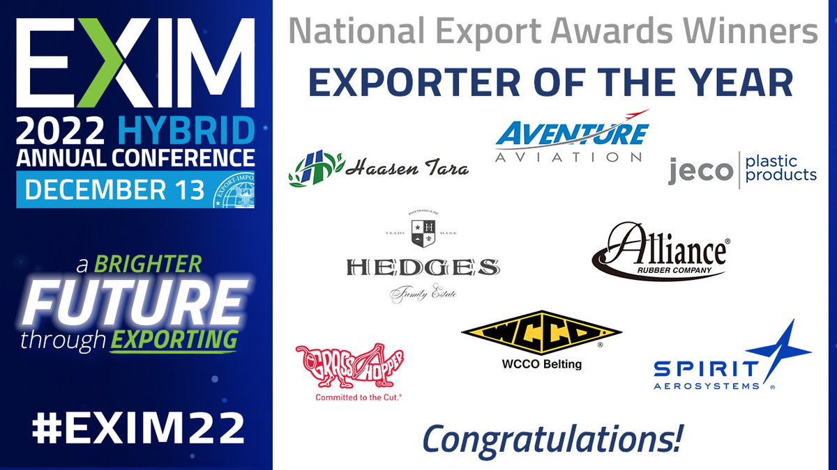 Banner featuring logos from 8 Exporter of the Year winning companies