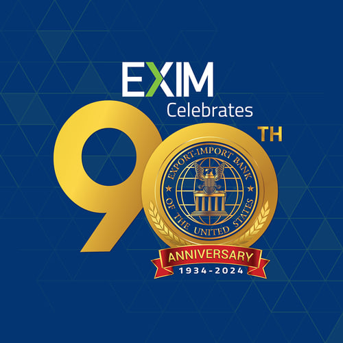 Official EXIM 90th Anniversary Logo on blue background