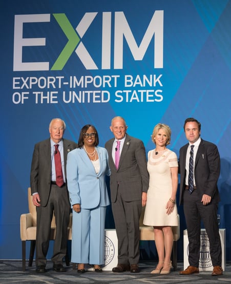 Pictured left to right are: Former Chairman John A. Bohn Jr., EXIM President and Chair Reta Jo Lewis, Former Chairman Fred P. Hochberg, Former Chairman Kimberly A. Reed, and Kevin N. Cirilli of the Atlantic Council, who moderated a panel discussion with the three former Chairmen during EXIM's 2024 Annual Conference.