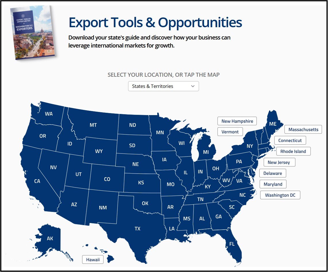 Image of EXIM website page showing a blue map of the U.S. with the headline "Export Tools & Opportunities"