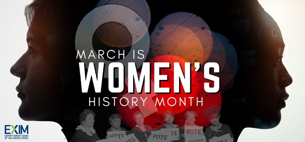 Womens Silhouettes of two women's faces with the words "March Is Women's History Month" with a row of images of suffragists holding "vote" signs at the bottom.