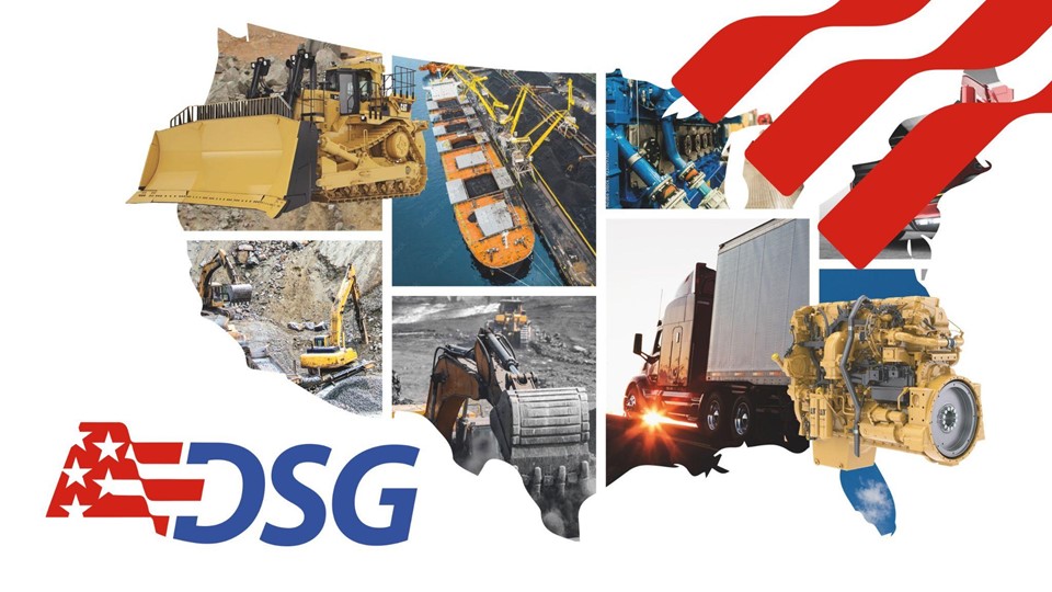 Map of USA with DSG logo and images of heavy equipment