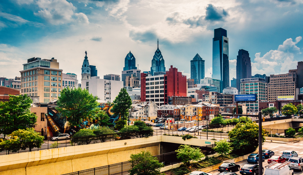 View of the Philadelphia skyline from the Reading Viaduct, Philadelphia, Pennsylvania.